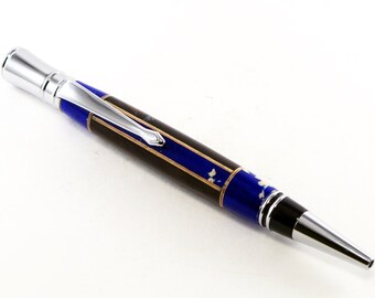 Handcrafted Pen - Ballpoint Pen Executive in Black Wood and Blue Tru Stone Inlay and Chrome Plating, Handcrafted Pen, Handturned Pen