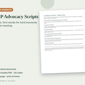 May include: A digital document titled IEP Advocacy Scripts for Parents, featuring calm, firm words for hard moments in the meeting. The page includes numbered sections with specific phrases to use when requesting time, addressing denied requests, or disagreeing with a plan.