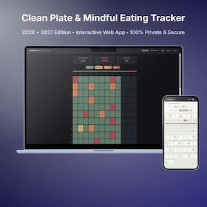 Könnte beinhalten: Ein Laptop und ein Smartphone mit dem Clean Plate & Mindful Eating Tracker 2026 + 2027 Edition. Der Laptop zeigt eine dunkle Benutzeroberfläche mit farbcodierten Daten, während das Smartphone eine helle Kalenderansicht anzeigt.