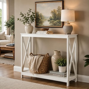 May include: A white wooden console table with an X-frame design on the sides and a lower shelf. The top surface holds a ceramic vase with greenery, a framed landscape painting, and a table lamp. The lower shelf contains a woven basket with a throw.