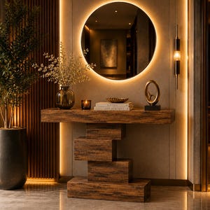 May include: A wooden console table with a stacked block base, featuring a round backlit mirror above it. The table holds a glass vase with branches, a candle, two stacked books titled Kinfolk and Live Beautiful, and a gold abstract sculpture.