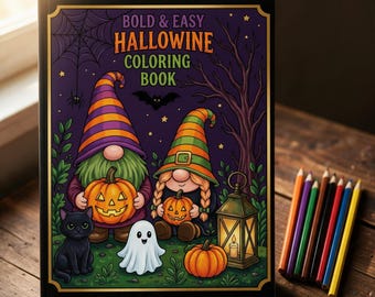 Może przedstawiać: Kolorowanka zatytułowana Bold & Easy Hallowine Coloring Book przedstawiająca dwa gnomy, czarnego kota, ducha, dynie, pajęczynę i latarnię na okładce. Książka jest pokazana obok zestawu kredek na drewnianej powierzchni.