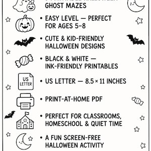 Może przedstawiać: Czarno-biała ulotka informacyjna zatytułowana WHAT YOU'LL GET, opisująca 9 labirynt&oacute;w z duchami na Halloween do druku. Dokument zawiera informacje o łatwym poziomie dla dzieci w wieku 5-8 lat oraz formacie 21,59 x 27,94 cm.