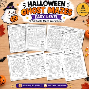 Może przedstawiać: Zestaw dziewięciu arkuszy do druku z labiryntami duch&oacute;w na Halloween na białym papierze. Każda strona zawiera czarne ilustracje liniowe przedstawiające duchy, dynie i nietoperze wraz ze ścieżkami labiryntu oraz angielskimi tytułami.