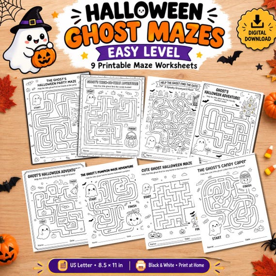Halloween Ghost Mazes Printable for Kids | Easy Halloween Maze Worksheets | Halloween Activity for Kids Ages 5-8 | Instant Download