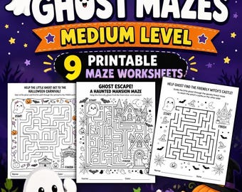 Może przedstawiać: Zestaw 9 labiryntów z duchami na Halloween do druku w czerni i bieli. Arkusze mają wymiary 21,59 x 27,94 cm. Okładka zawiera tekst HALLOWEEN GHOST MAZES MEDIUM LEVEL 9 PRINTABLE MAZE WORKSHEETS oraz grafikę przedstawiającą duchy i dynie.