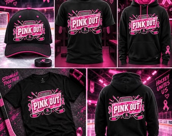 Może przedstawiać: Kolekcja czarnej odzieży z napisem PINK OUT w różowej prostokątnej ramce, w towarzystwie kijów hokejowych, krążka i różowej wstążki. Zestaw zawiera czapkę z daszkiem, koszulkę oraz bluzę z kapturem z pasującą grafiką.
