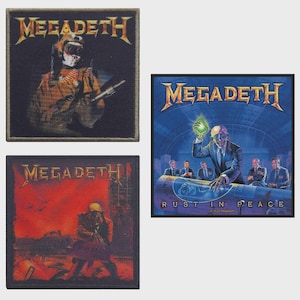 May include: Three square fabric patches featuring Megadeth artwork. One patch shows a soldier in a gas mask, another depicts a soldier in a red landscape, and the third displays the Rust in Peace album cover with a skeletal figure holding a glowing orb.