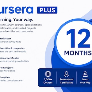 Könnte beinhalten: Eine Coursera Plus Werbegrafik mit dem Text 'Your learning. Your way.' und '12 MONTHS' in einem großen blauen Kreis. Sie listet Vorteile auf, darunter unbegrenzten Zugang zu über 7.000 Kursen, berufliche Zertifikate und praktische Projekte.