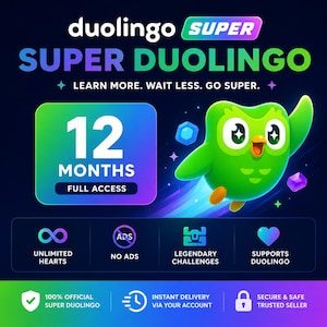 May include: A digital graphic for Super Duolingo featuring the green owl mascot, text reading 12 MONTHS FULL ACCESS, and icons for unlimited hearts, no ads, legendary challenges, and support. The background is dark blue with purple and green accents.
