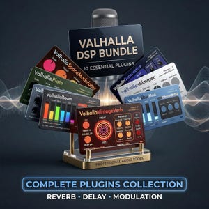 May include: A collection of Valhalla DSP bundle software plugin cards displayed on a gold-toned stand. The cards feature various audio processing interfaces including ValhallaVintageVerb, ValhallaRoom, and ValhallaSpaceModulator. Text includes "VALHALLA DSP BUNDLE 10 ESSENTIAL PLUGINS" and "PROFESSIONAL AUDIO TOOLS".