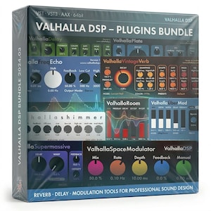 May include: A rectangular software box for the Valhalla DSP Plugins Bundle 2024.03. The packaging features a collage of various audio plugin interfaces including ValhallaDelay, Plate, VintageVerb, Room, ÜberMod, Shimmer, Supermassive, and SpaceModulator.