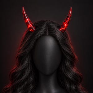 Puede incluir: Un par de cuernos de diablo curvados con un patrón de lava agrietada en rojo y negro vibrante. Los cuernos están colocados sobre una cabeza de maniquí negra con cabello largo y ondulado, creando un contraste llamativo con el fondo oscuro.