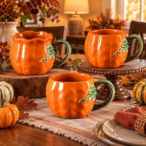 Peut inclure: Trois tasses en céramique orange en forme de citrouille, chacune présentant une surface texturée, une anse en forme de tige verte et un petit détail de feuille verte. Les tasses sont disposées sur une table en bois avec un décor automnal.