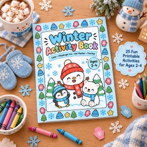 Puede incluir: Un libro de actividades de invierno con una portada azul claro que muestra un muñeco de nieve, un pingüino y un oso polar. El texto dice Winter Activity Book, Color Playdough Mat Dot Marker Tracing, Ages 2-4 y 25 Fun Printable Activities for Ages 2-4.