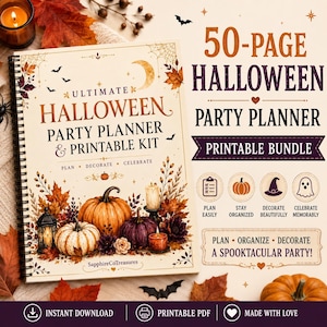 May include: A 50-page Halloween party planner printable bundle with a spiral-bound cover featuring pumpkins, autumn leaves, candles, and lanterns. The text reads Ultimate Halloween Party Planner & Printable Kit, Plan Decorate Celebrate, and Plan Organize Decorate A Spooktacular Party.