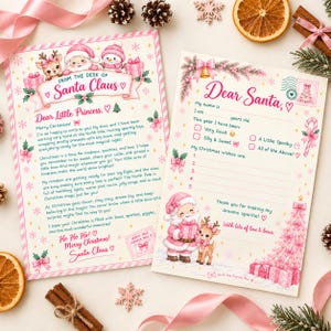 Puede incluir: Dos hojas de papel de carta rectangulares con motivos navideños en rosa y blanco. Una hoja es una carta de Papá Noel con un reno, Santa y un muñeco de nieve. La otra es una plantilla de lista de deseos con casillas y un árbol de Navidad rosa.