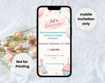 Birthday Reminder Invitation, Birthday Party Reminder Template, Mobile Birthday Invite, Editable Canva, Digital Text Invitation
