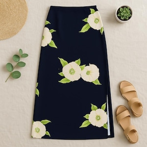 Vintage Navy Floral Maxi Skirt – 90s Fashion - Resort Wear - Botanical Print - Plus Size XL - Made in USA