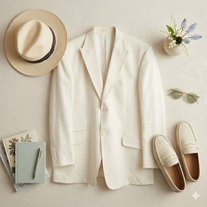 May include: An off-white blazer, straw hat with a black band, and woven loafers are arranged with a small vase of flowers, sunglasses, and a notebook. The blazer has two front pockets and a two-button closure. The loafers are cream-colored.