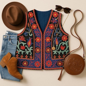 Vintage Vest - Bohemian Festival Embroidered Folk Vest – Colorful Boho Hippie Statement Piece - Size M/L