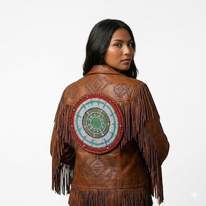 May include: A brown leather jacket featuring long fringe along the sleeves and hem. The back displays a large, circular beaded medallion with concentric rings of green, white, and red, surrounded by embossed geometric patterns on the leather.