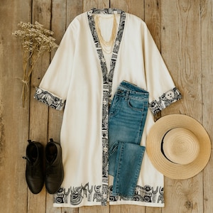 Duster Coat with Hand-Printed Tribal Details | Long Sleeve Lightweight Jacket with Pockets