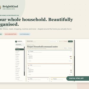 Può includere: Un'interfaccia digitale per il centro di comando domestico intitolata BrightKind, che presenta una dashboard con sezioni per calendario, attività, pasti e acquisti. Il layout include menu di navigazione, etichette di testo e uno schema di colori beige e verde scuro.