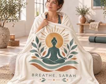 Yoga Lover Gift, Custom Name Meditation Blanket, Teal and Terracotta Flannel Throw for a Calm Space