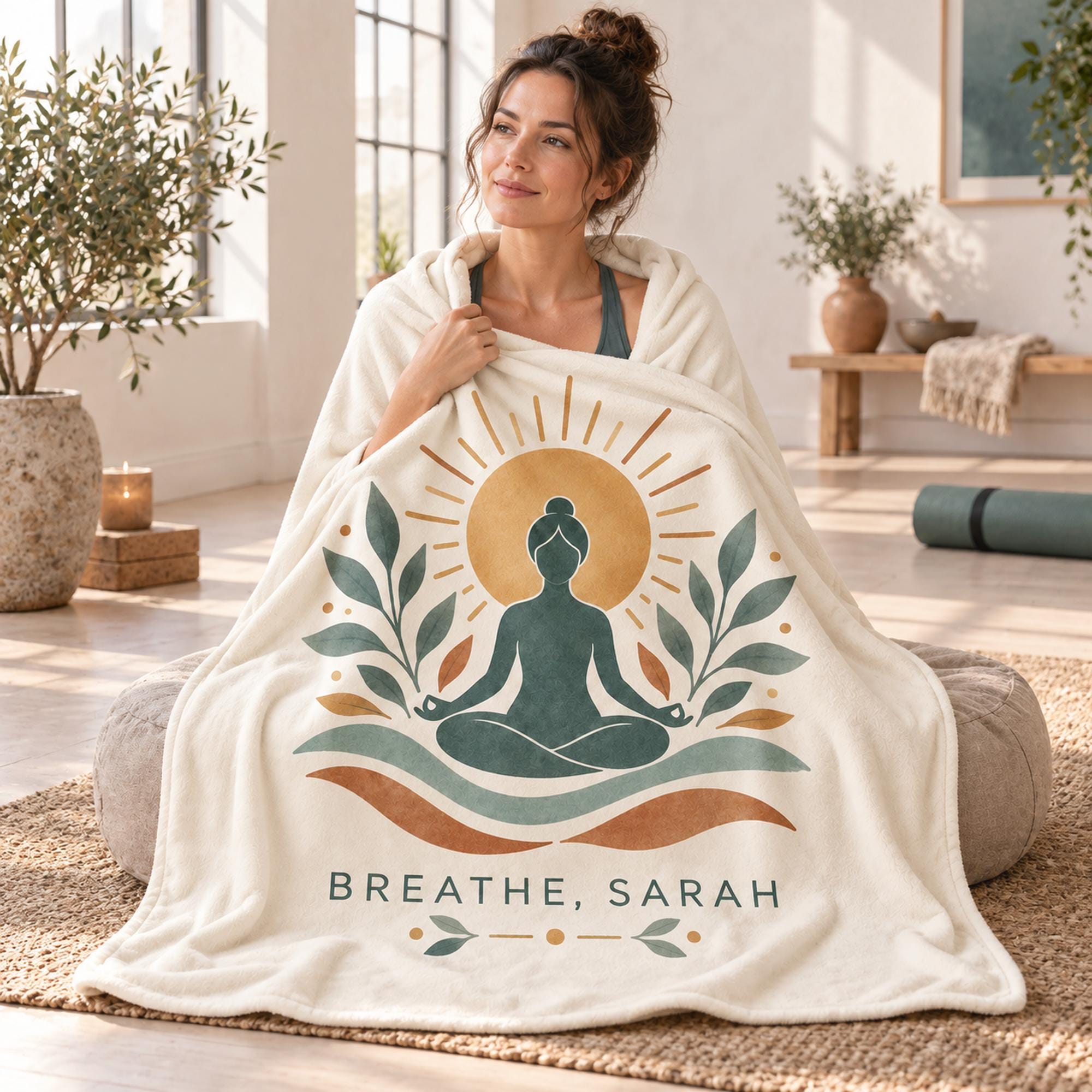 Yoga Lover Gift, Custom Name Meditation Blanket, Teal and Terracotta Flannel Throw for a Calm Space