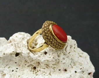 18k Red Coral Cabochon Solitaire Ring | Braided Halo | 18K Red Coral Ring | Size 7.5