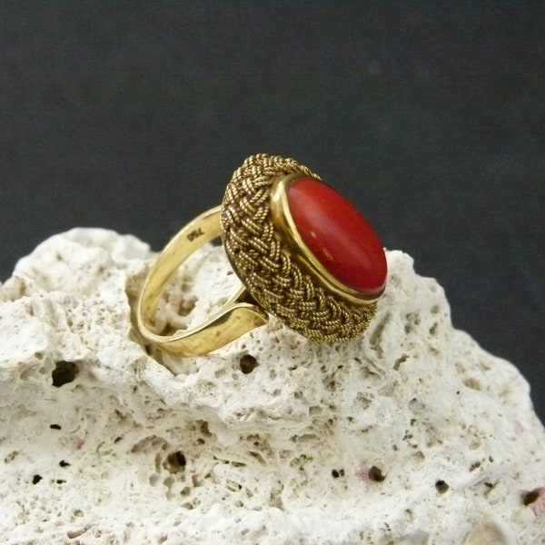 Vintage Oval Red Coral Cabochon 18K  Solitaire Ring with Braided Halo | 18K Red Coral Ring | Size 7.5