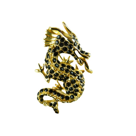 Gold Tone Dragon Brooch | Dragon Pin | Black Rhine