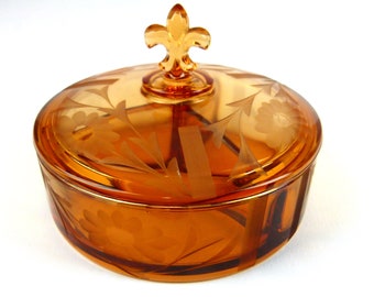 Cambridge Amber Etched Glass Divided Dish | Etched Flower Design | Candy Dish