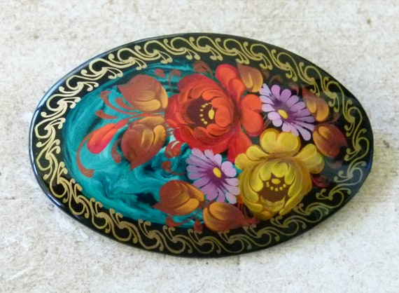 Vintage Russian Flower Brooch | Black Lacquer |Ha… - image 2