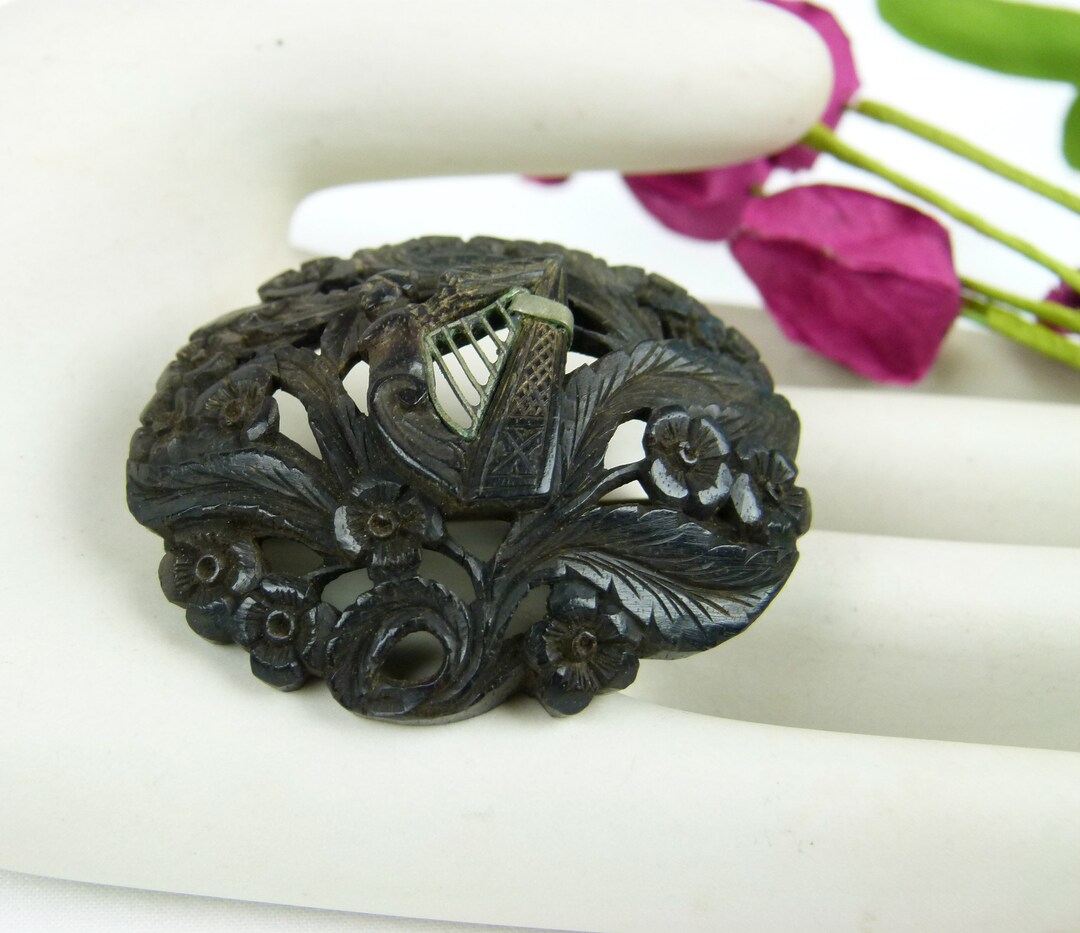 Antique Victorian Gutta Percha Domed Brooch With Metal Harp Etsy