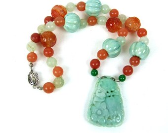 Jade and Carnelian Bead Necklace with Hand Carved Jade Pendant