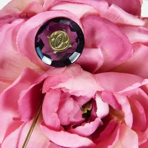 Antique Art Deco Amethyst Stick Pin |  Brass Lapel or Hat Pin |  Simulated Amethyst