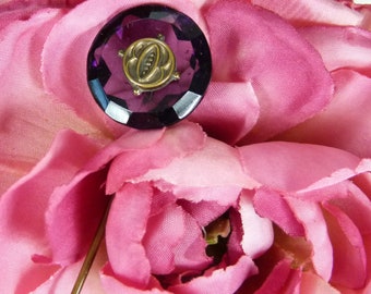 Antique Art Deco Amethyst Stick Pin |  Brass Lapel or Hat Pin |  Simulated Amethyst