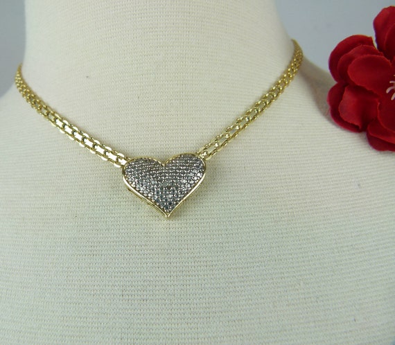 Heart Necklace Gold Tone | Pave Heart Choker Neck… - image 4