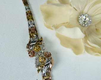 Milor Italy 3Tone Ricco Link Sterling Silver Bracelet | Floral Design | Rhinestones | Vermeil