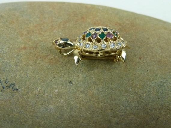 Turtle Brooch Pendant | Gold Plated | Rhinestones… - image 5