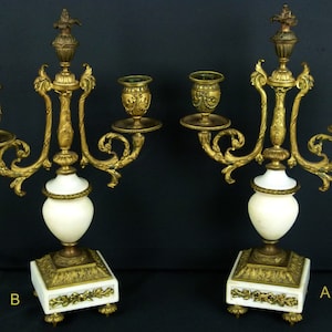 Pair of Antique Victorian Ormolu & Marble Two Branch Candelabra | 19th Century | Louis XV Revival Ormolu and White Marble