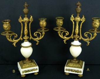 Pair of Antique Victorian Ormolu & Marble Two Branch Candelabra | 19th Century | Louis XV Revival Ormolu and White Marble