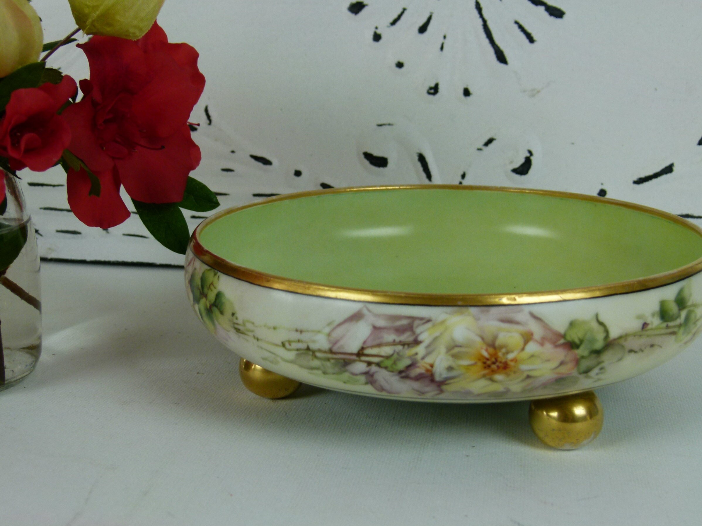 Bowl Signed Cottage Gold Trim Antique - Painted Etsy Roses France Footed Hand Porcelain T&V Ball Limoges