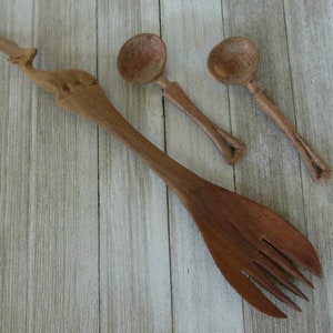 African Hand Carved Wood Spoons and Fork | Hand Carved Salad Fork with Gazelle