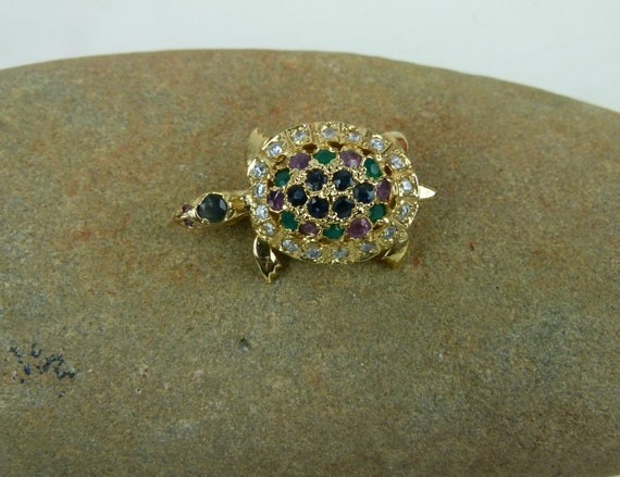 Turtle Brooch Pendant | Gold Plated | Rhinestones… - image 4