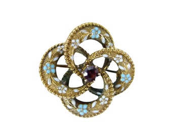 Krementz 14K Lovers Knot Enameled Pin with a 4mm Faux Ruby in the Center | Enameled Blue For get me Knot Flowers | Enameled White Leaves