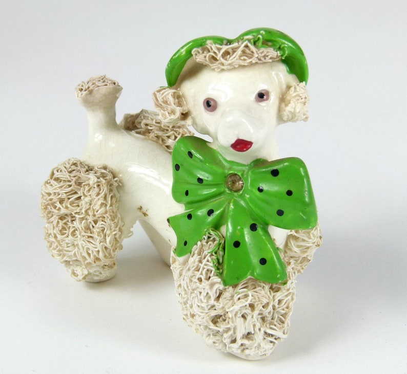 Green Rhinestone Bow Tie and Beret Vintage Lefton China Spaghetti French Poodle