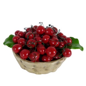 May include: A decorative bowl with a textured, light-colored finish filled with a cluster of glossy, bright red artificial cherries. Each cherry features a thin, dark wire stem, and two smooth, vibrant green leaves extend from the sides of the bowl.